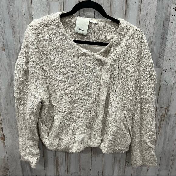 Anthropologie Elevenses Cream Fuzzy Wool Blend Moto Zip Cardigan Jacket Lined - Picture 1 of 8